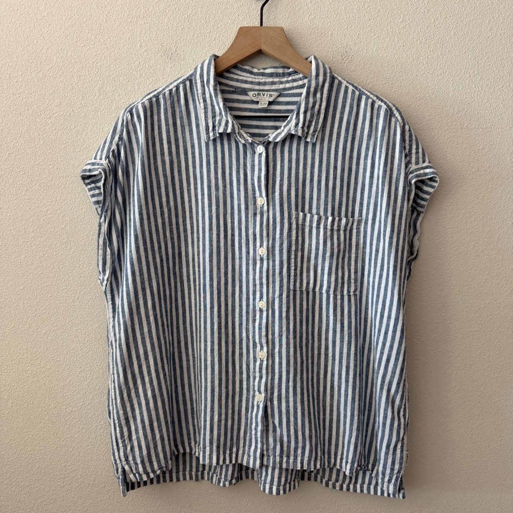 ORVIS Womens Shirt Linen Blend Striped Coastal Nautical Summer XL